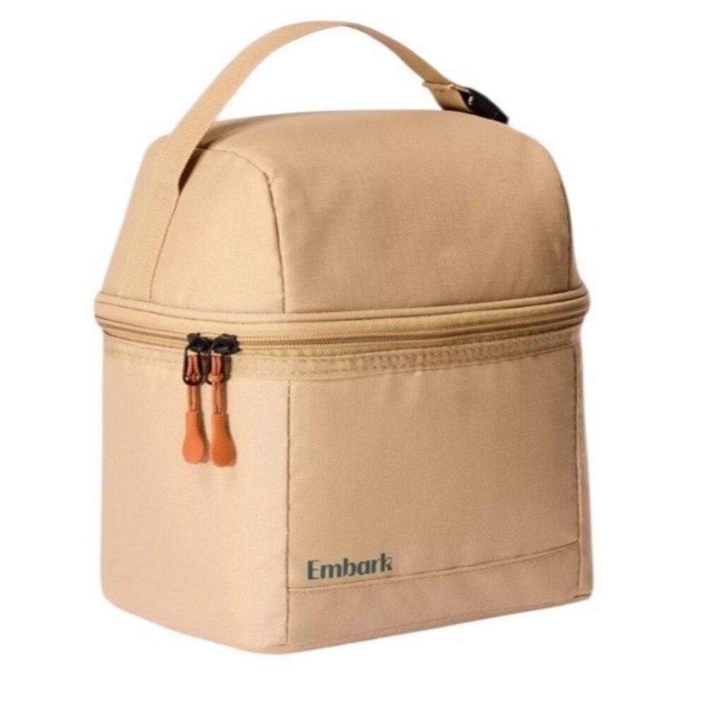 Embark Insulated Durable Dual Compartment Lunch Bag Handle Tote Tan NWT